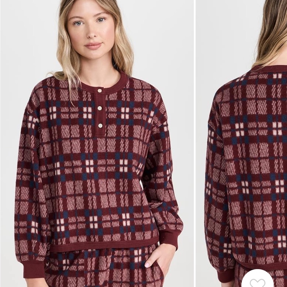 THE GREAT. Burgundy Plaid Fleece Sweater and Pant set